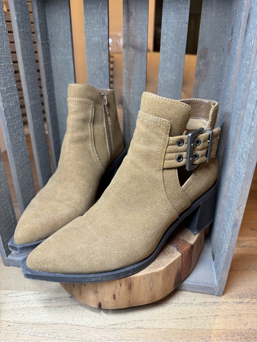 a.n.a Shadow Stacked Heel Booties in Tan Faux Suede, Size 9M